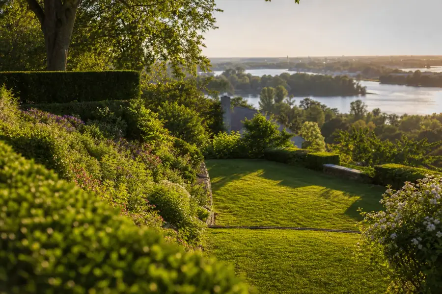 Jardin en coteau à Bouchemaine dominant la confluence : pelouse étagée en deux niveaux, massif de couvre-sols sur le talus, la Loire scintillant en contrebas, fin d'après-midi dorée.