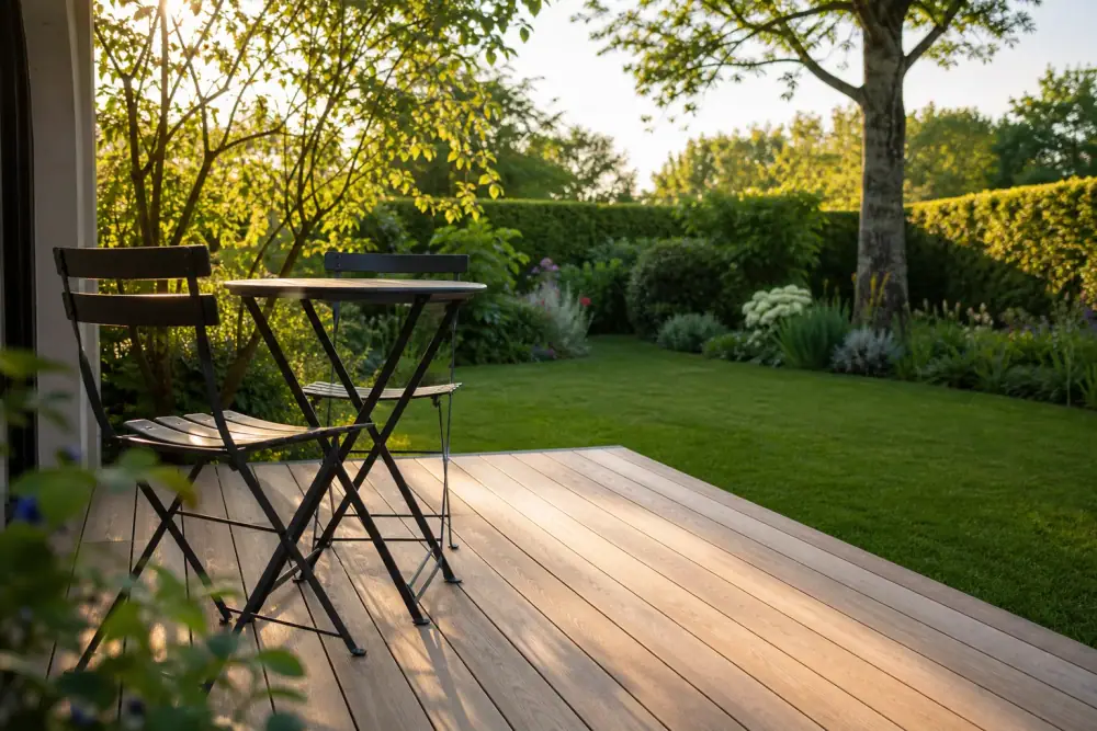 Terrasse en bois fraîchement posée ouvrant sur une pelouse angevine, lames alignées au cordeau, massif en bordure, table et deux chaises simples, fin d'après-midi.
