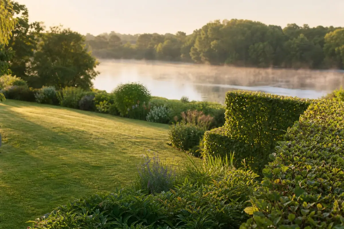 Jardin en pente douce vers la Mayenne à Montreuil-Juigné : pelouse fraîche, haie champêtre variée en limite, rivière et ripisylve en arrière-plan, brume légère de matin.