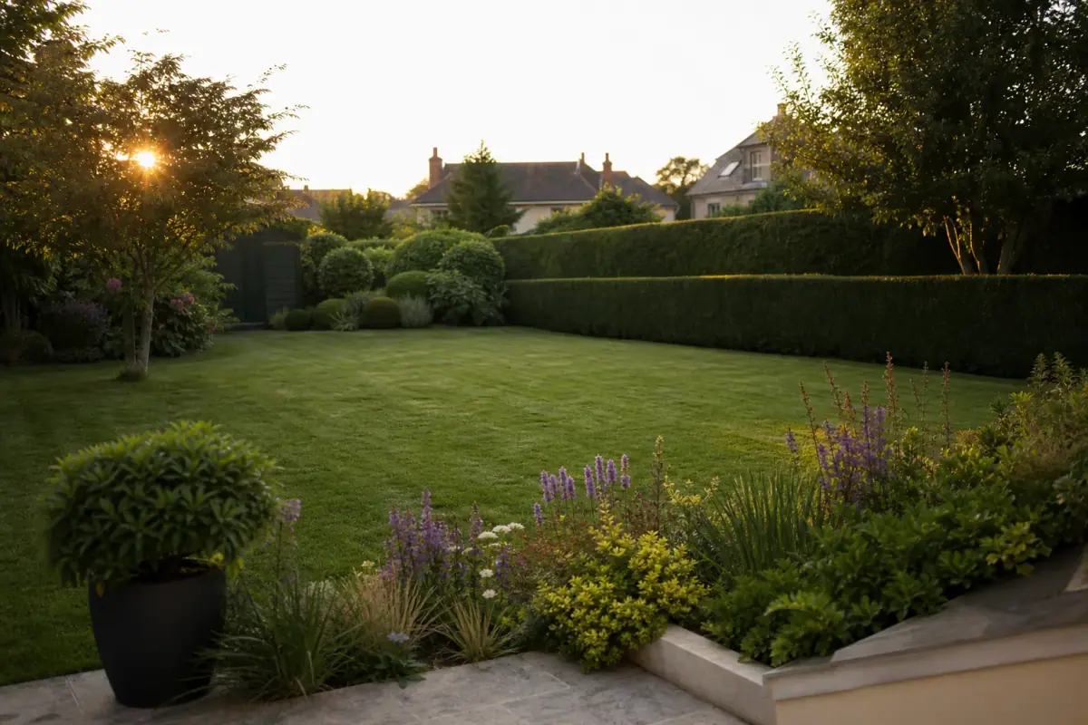 Jardin de particulier angevin vu depuis la terrasse : pelouse dense fraîchement tondue, haie de charmille taillée net, massif fleuri de vivaces au premier plan, lumière rasante dorée, aucune personne visible.