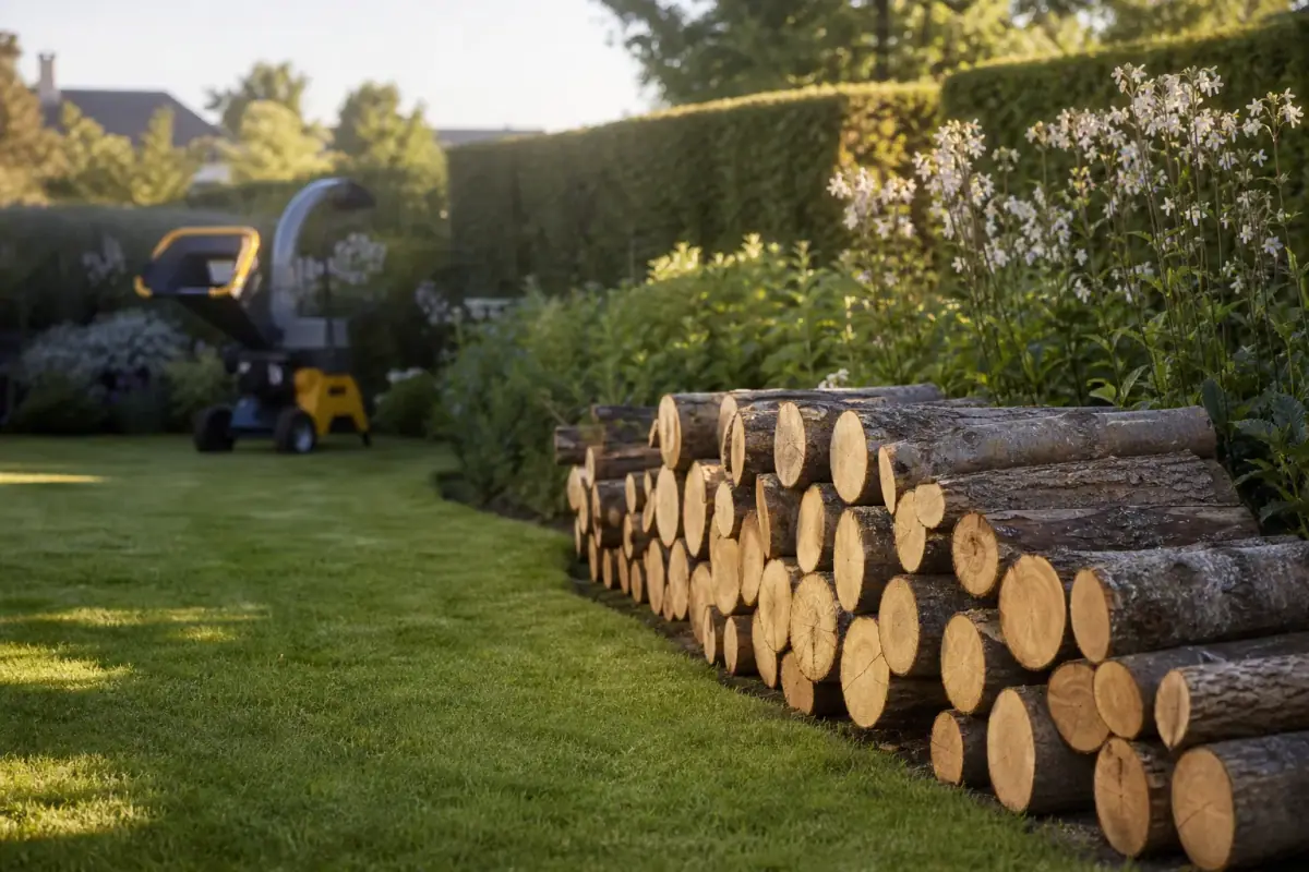 Rangée de billons de bois calibrés empilés en bord de jardin, broyeur en arrière-plan flou.