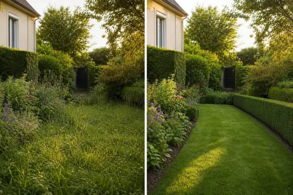 Bande avant/après d'un même jardin de faubourg angevin : à gauche pelouse haute et massif envahi, à droite pelouse tondue net et bordure au cordeau, même angle, même lumière.