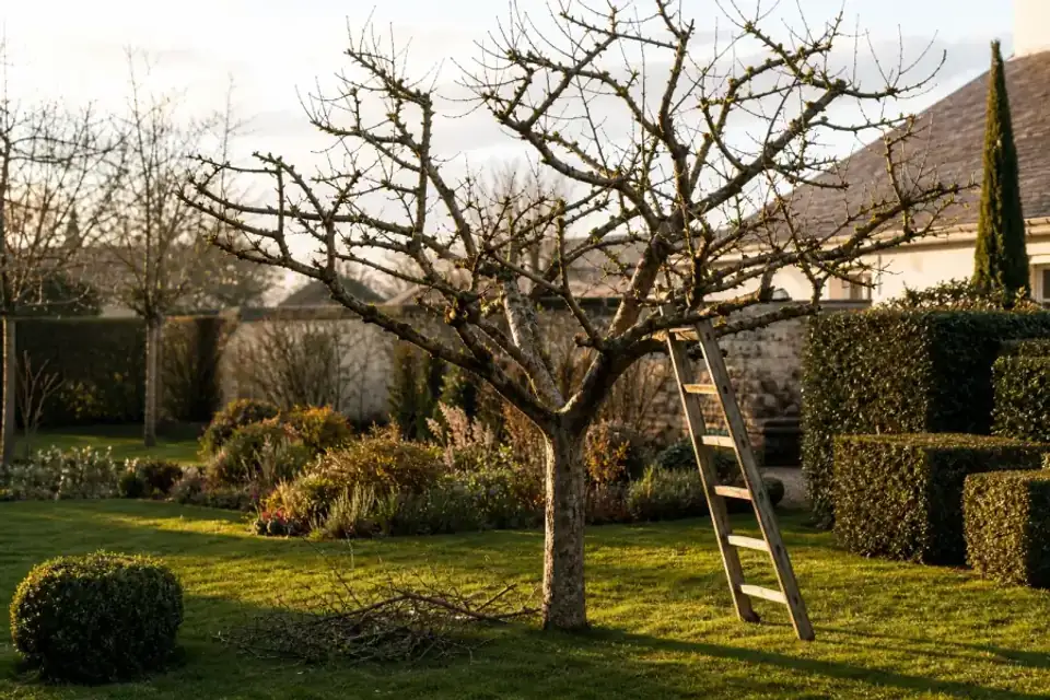 Pommier de jardin fraîchement taillé dans un jardin angevin, silhouette aérée sur ciel d'hiver doux, coupes propres visibles, échelle posée contre le tronc, billons rangés au pied.