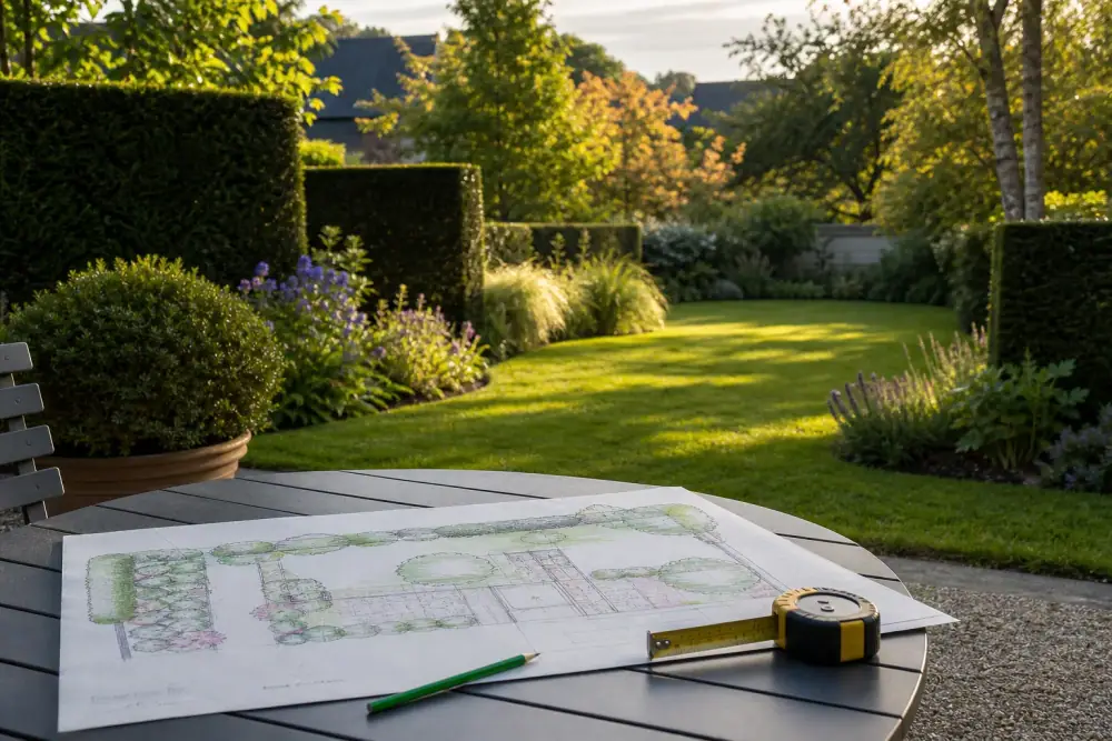 Plan de jardin dessiné à la main posé sur une table d'extérieur, crayon et mètre ruban, coin de pelouse réelle visible derrière.