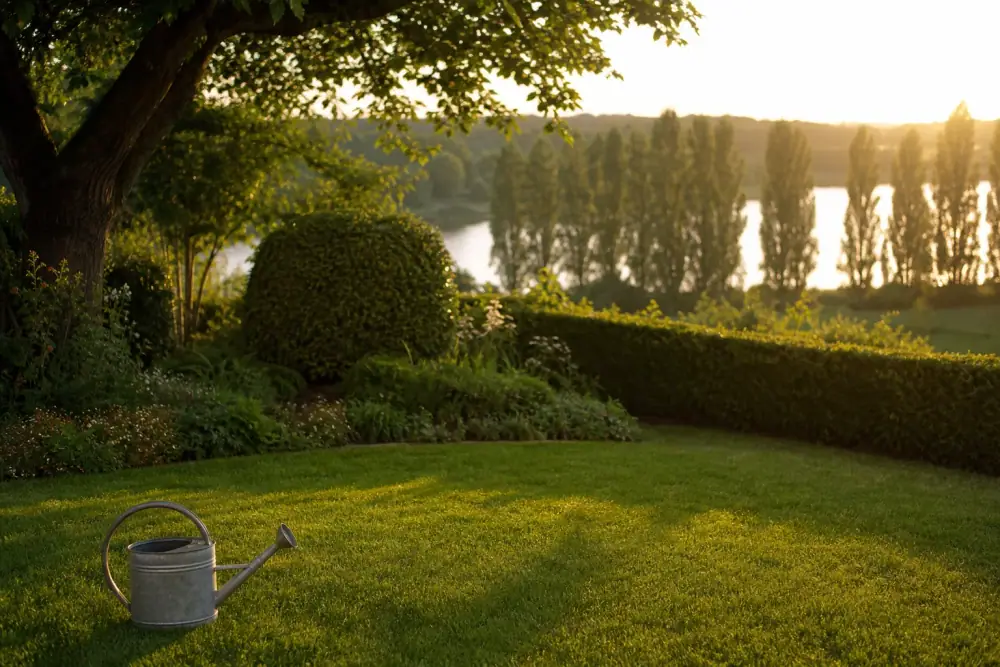 Jardin de bord de Loire aux Ponts-de-Cé : pelouse verte profonde descendant vers une haie basse, peupliers et lumière de fleuve en arrière-plan, arrosoir en zinc au premier plan.