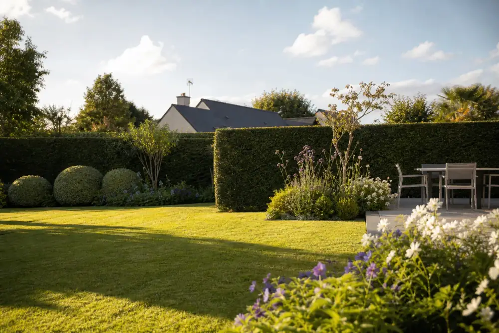 Jardin pavillonnaire d'Avrillé sous grand ciel de plateau : haie de charmille dense taillée au carré protégeant une terrasse, pelouse rase, lumière franche de milieu de journée.