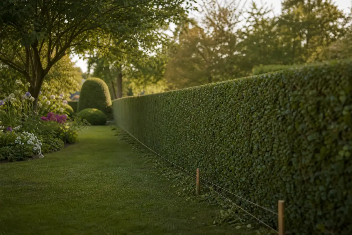 Haie de charmille taillée au carré le long d'une allée de jardin angevin, ligne de coupe parfaitement droite fuyant vers le fond, cordeau et piquets encore en place au premier plan, lumière douce.