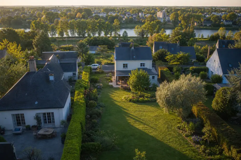 Vue aérienne basse d'un quartier pavillonnaire de la couronne d'Angers : jardins verts contigus, haies taillées, la Maine en arrière-plan, lumière de fin d'après-midi.
