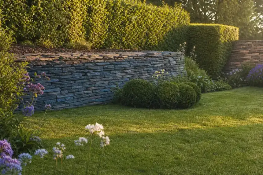 Jardin de maison de ville à Trélazé : pelouse entretenue devant un muret de schiste ardoisier typique, haie taillée, reflets bleutés de l'ardoise dans la lumière du soir.