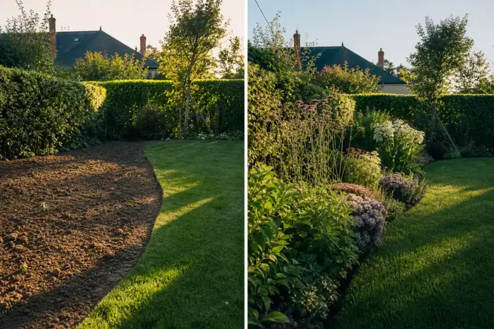 Le même angle de jardin esquissé : bande avant/après, terre nue à gauche, massif installé à droite.