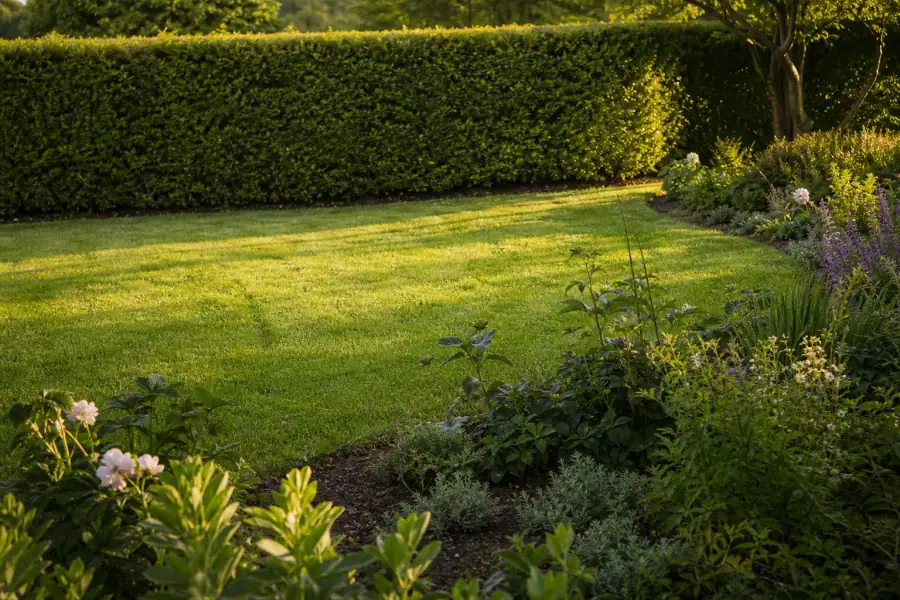 Jardin de particulier angevin en fin de journée : pelouse dense fraîchement tondue avec traces de tonte, haie de charmille taillée net en arrière-plan, bordure de massif propre au premier plan, lumière rasante chaude, aucune personne visible.