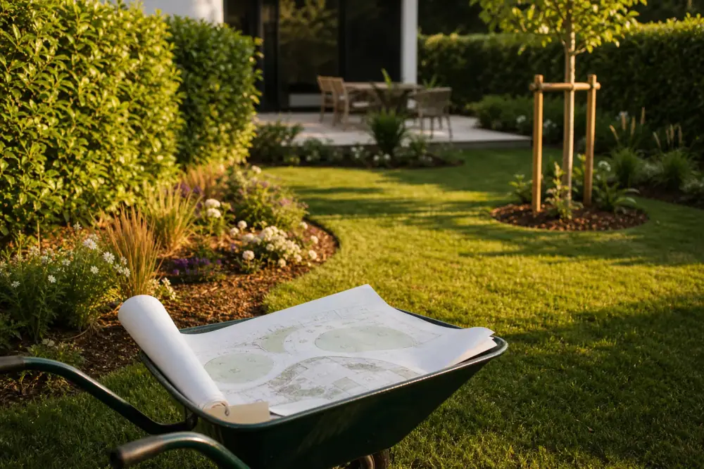 Jardin de particulier fraîchement créé à Angers : jeunes massifs paillés en courbes, pelouse neuve, petit arbre tuteuré, terrasse en fond, plan du jardin roulé posé sur une brouette au premier plan, lumière dorée.