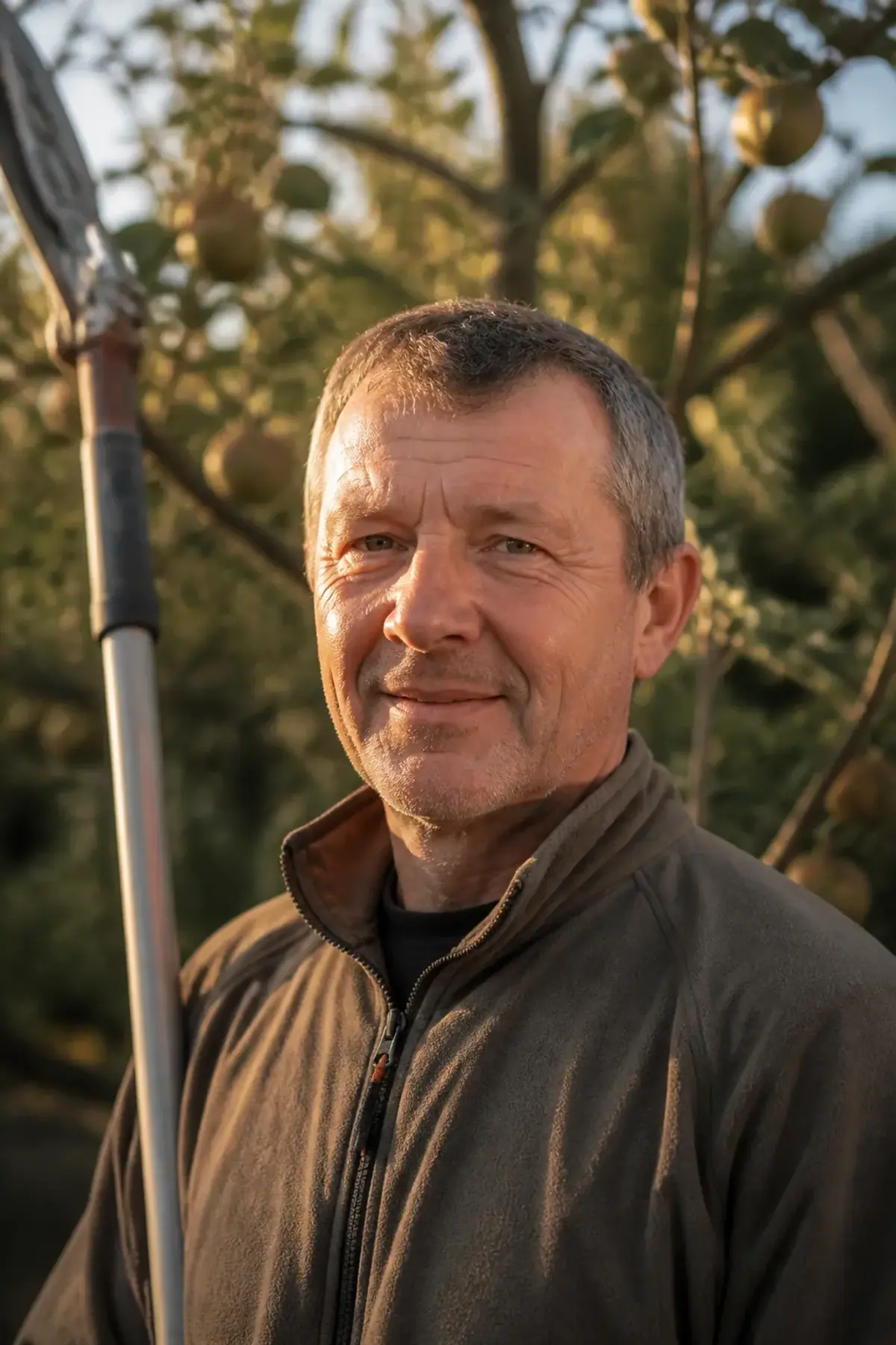 Portrait d'un homme d'une cinquantaine d'années, veste polaire de travail, une perche d'élagage à la main, arbre fruitier de jardin flou derrière lui, sourire discret, cadrage buste, lumière chaude.