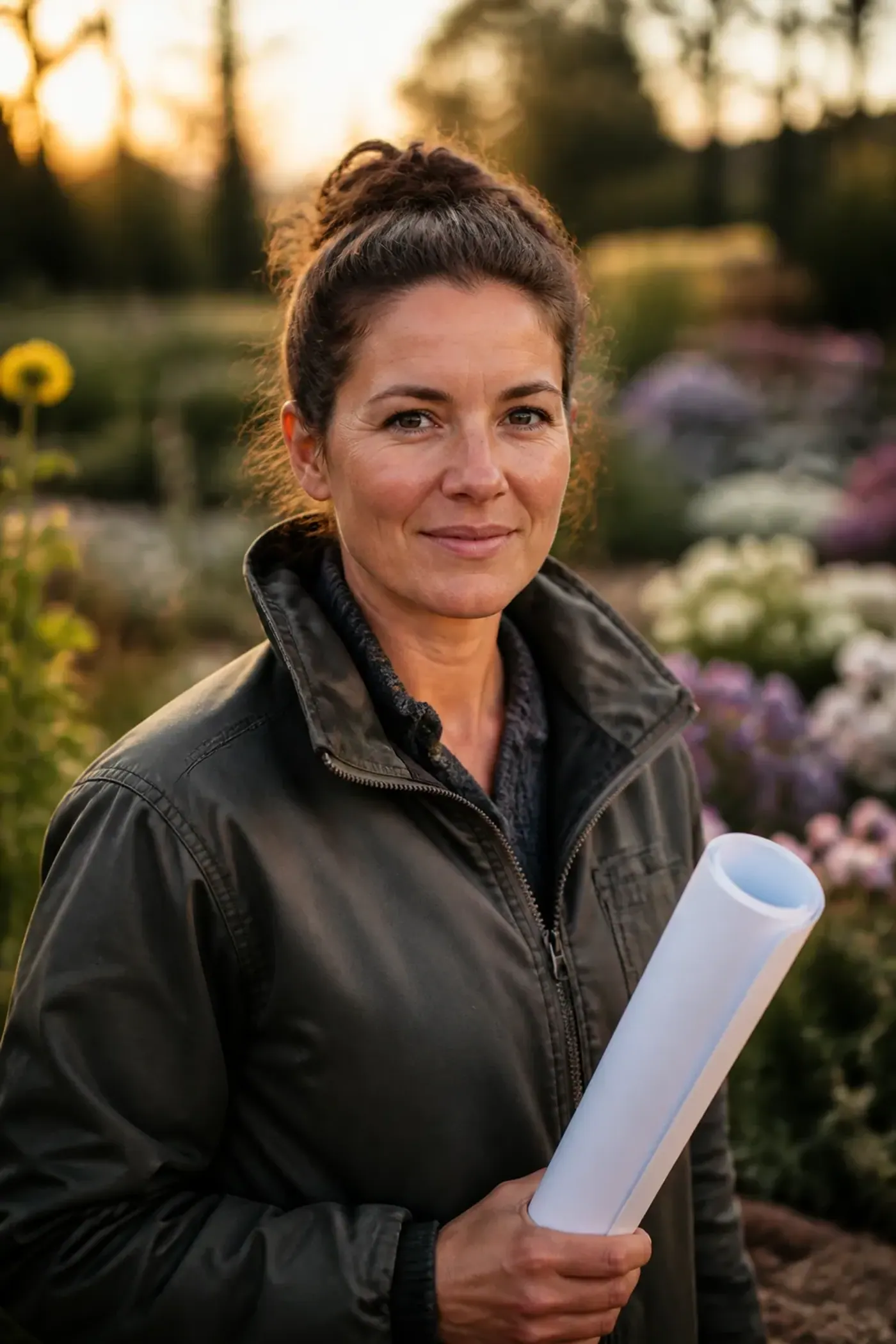 Portrait en extérieur d'une femme d'une trentaine d'années, veste de travail, un plan de jardin roulé à la main, massif fleuri de vivaces flou derrière elle, expression posée et avenante, cadrage buste, lumière de fin de journée.