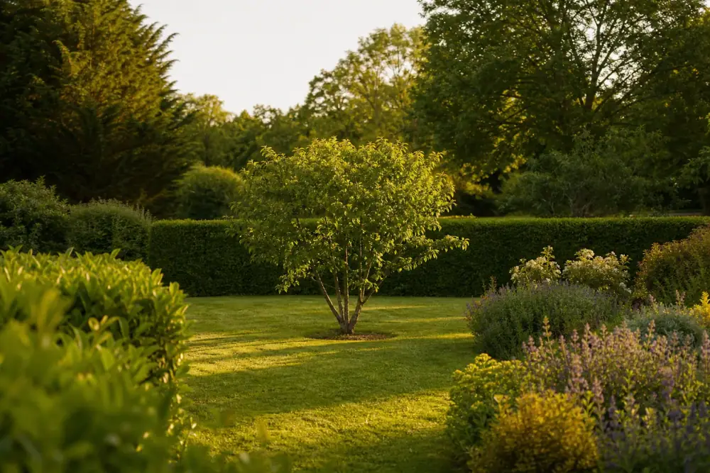 Jardin résidentiel à Saint-Barthélemy-d'Anjou : fruitier taillé en gobelet au centre d'une pelouse nette, haie de clôture régulière, grands arbres de parc en toile de fond lointaine.